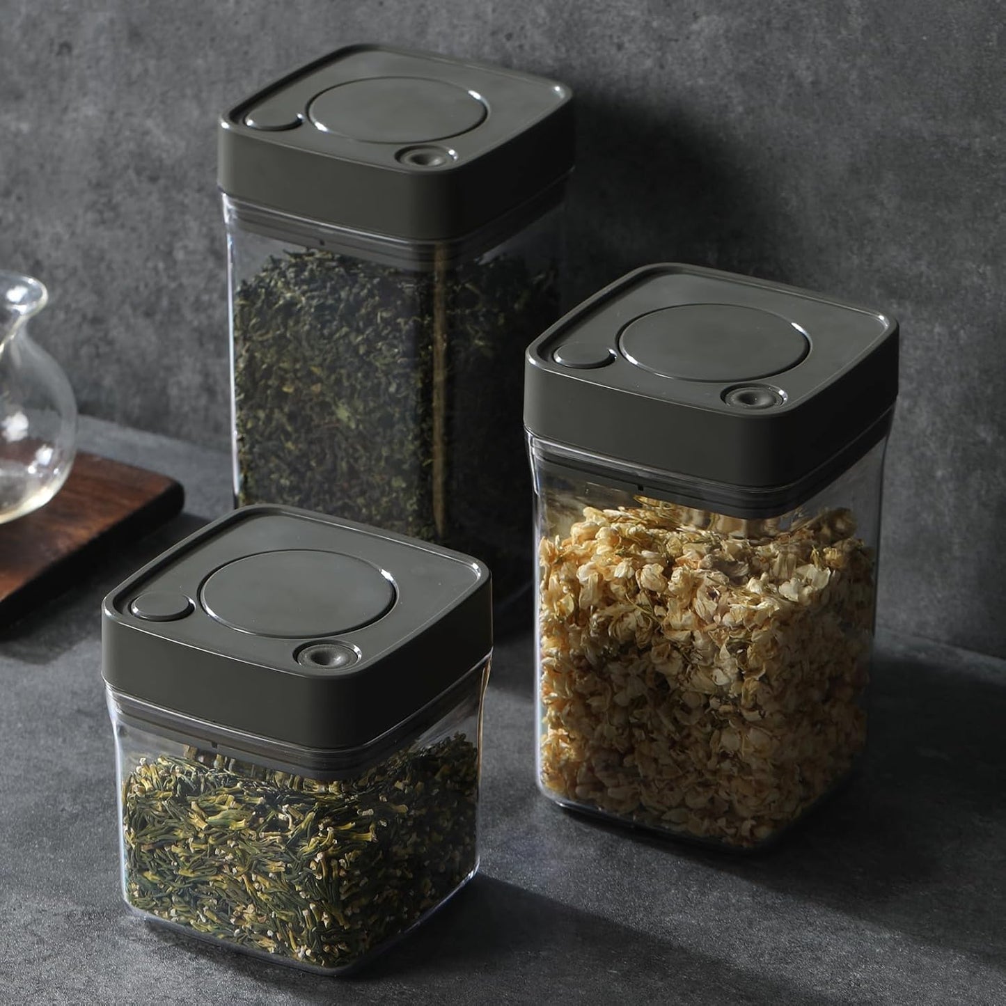 Manual Vacuum Jar With One-Button Vacuum Pump, Airtight Food Cereal Containers Storage With Lids (grey-4pc)