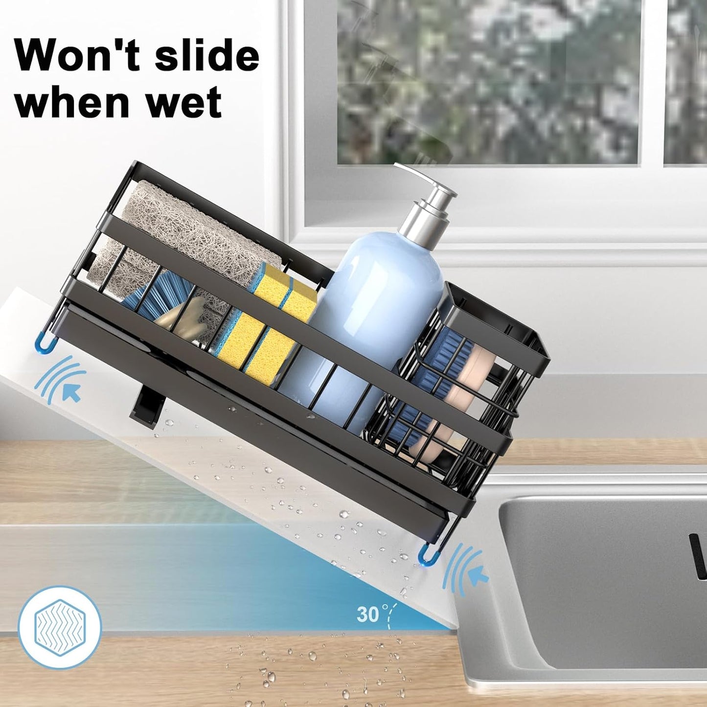 Sponge Holder for Kitchen Sink, Sink Caddy with High Brush Holder, Rustproof and Strong, anti slip, Self Draining spout is ideal, Keep Countertop Cleaning, Black