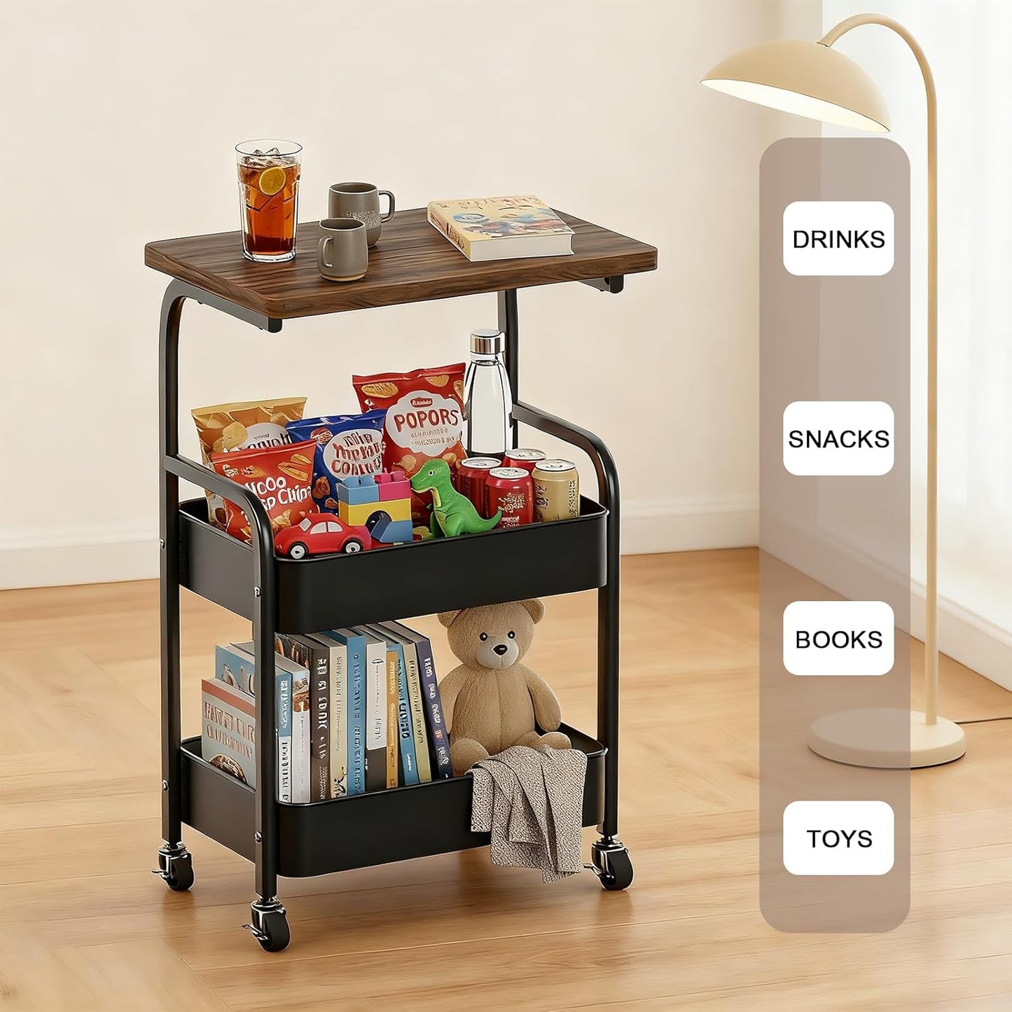 Rolling Cart with Wooden Tabletop 3-Tier Metal Utility Rolling Cart Storage Organizer with Lockable Wheels for Kitchen, Office, Bedroom
