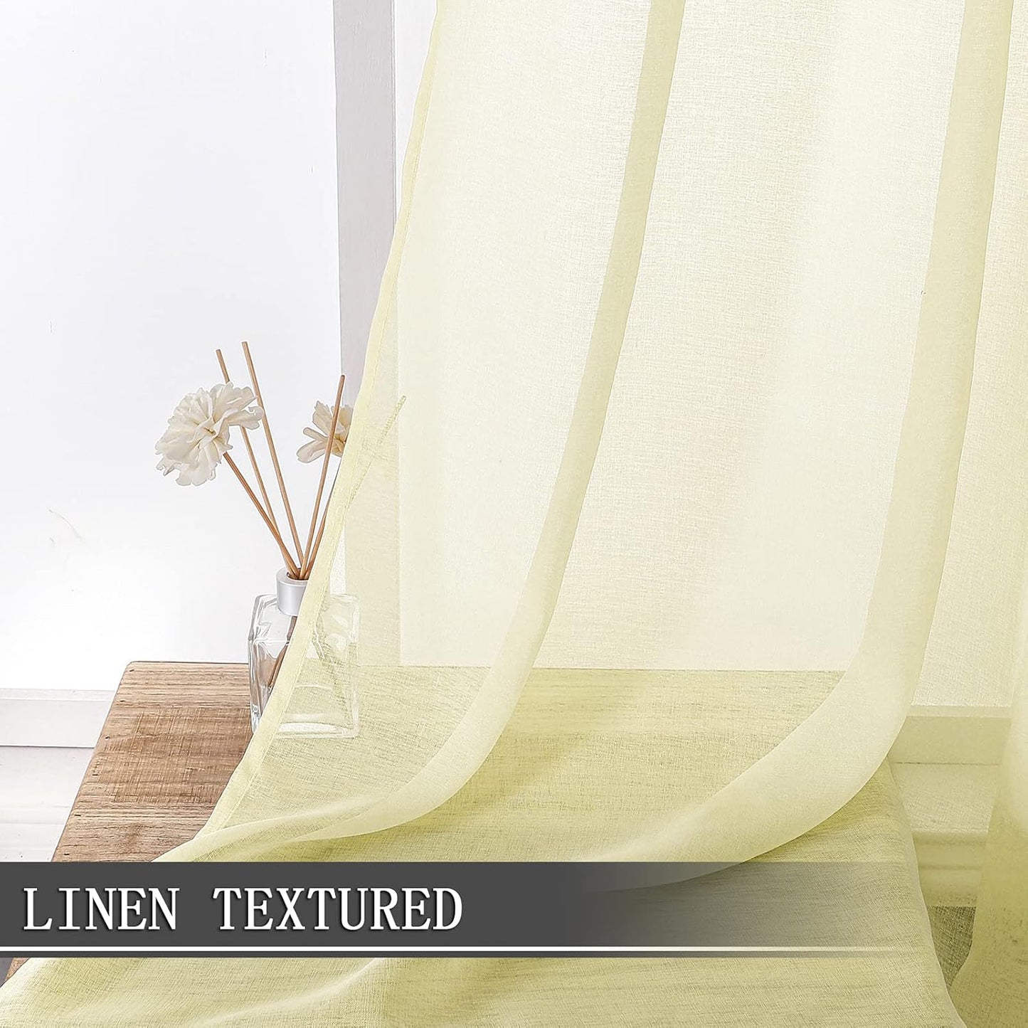 Tollpiz Short Sheer Tier Curtains Linen Textured Half Kitchen Curtain Sheers Light Filtering Rod Pocket Voile Small Curtain for Bathroom, 25 x 24 inches Long, Transparent Yellow, Set of 2 Panels