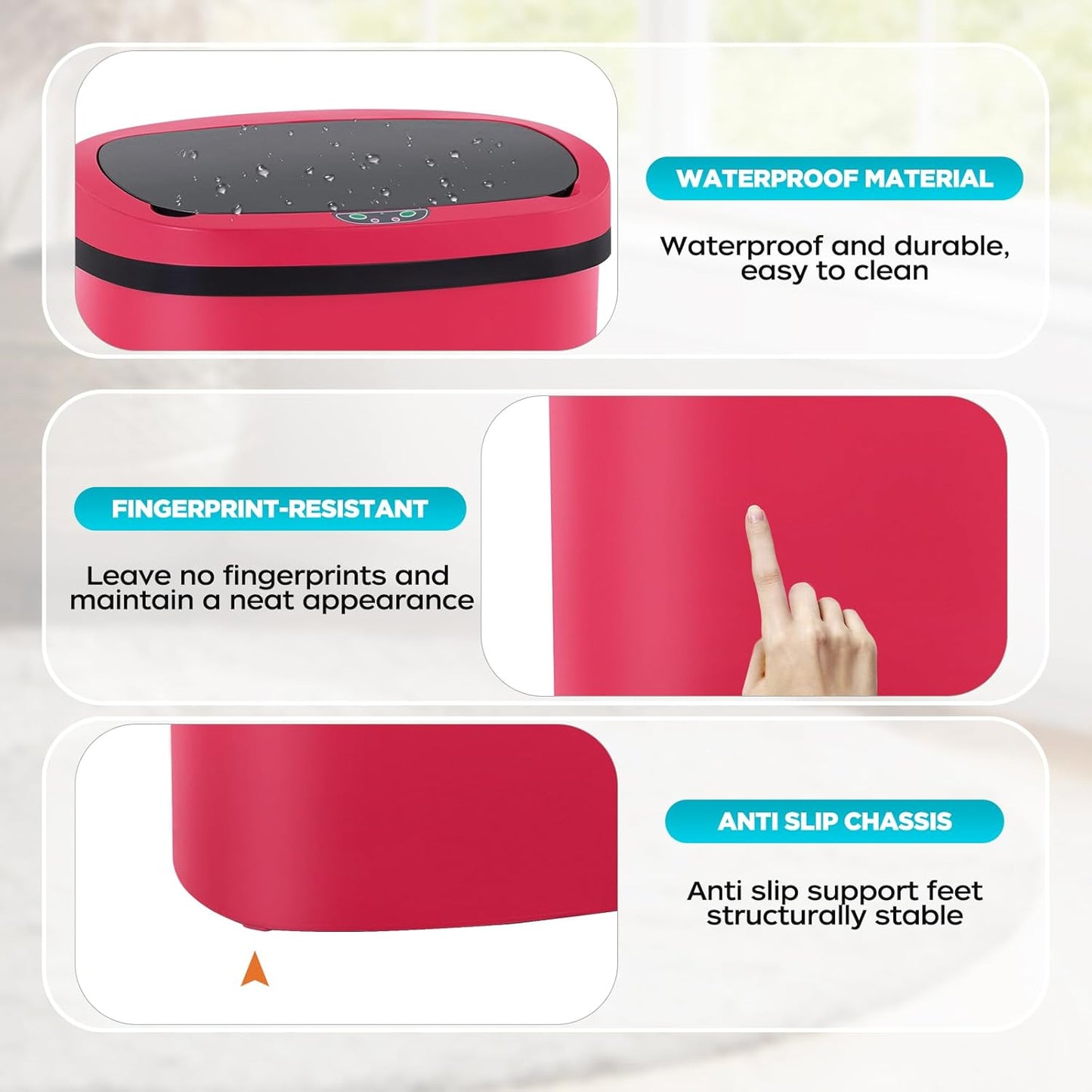 Automatic Motion Sensor Bathroom Trash Can with Lid, 13 Gallon Touchless Trash Bin, Smart Dog Proof Garbage Can, Touch Free Waste Basket for Toilet, Office, Bedroom,Red,2