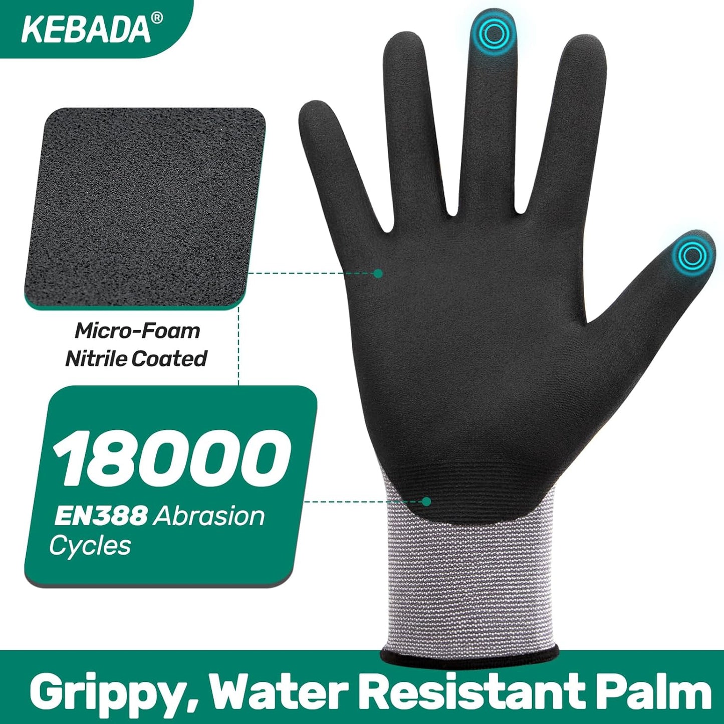 Kebada W2 Safety Work Gloves, Micro-Foam Nitrile Coated Gloves, Touchscreen,Ideal for Package Handling, Gardening, Construction, 1 Pair Large