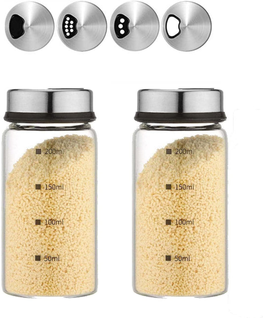 2 Piece 4-Neck Glass Seasoning Shakers with Adjustable Pour Holes - Moisture Resistant, Salt and Pepper Shakers - For Seasoning, Picnics (2 medium jars, 7oz each)