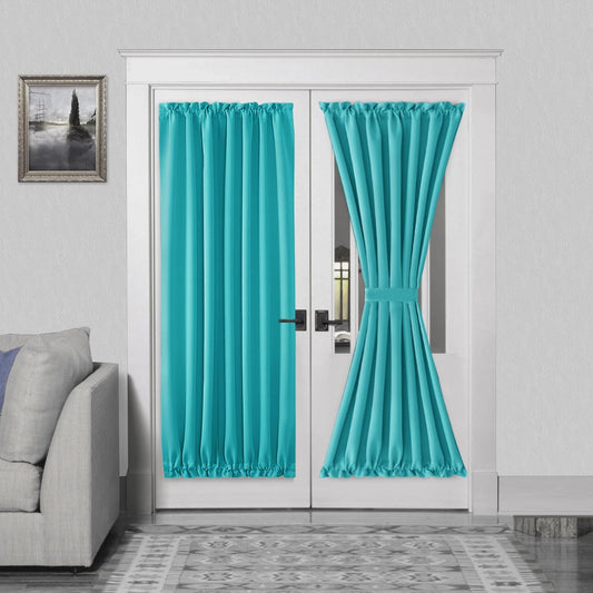 DWCN French Door Curtains – Rod Pocket Thermal Blackout Curtain for Doors with Glass Window, Kitchen and Patio Doors for Privacy, 54 X 72 Inches Long, 1 Curtain Panel with Tieback, Turquoise