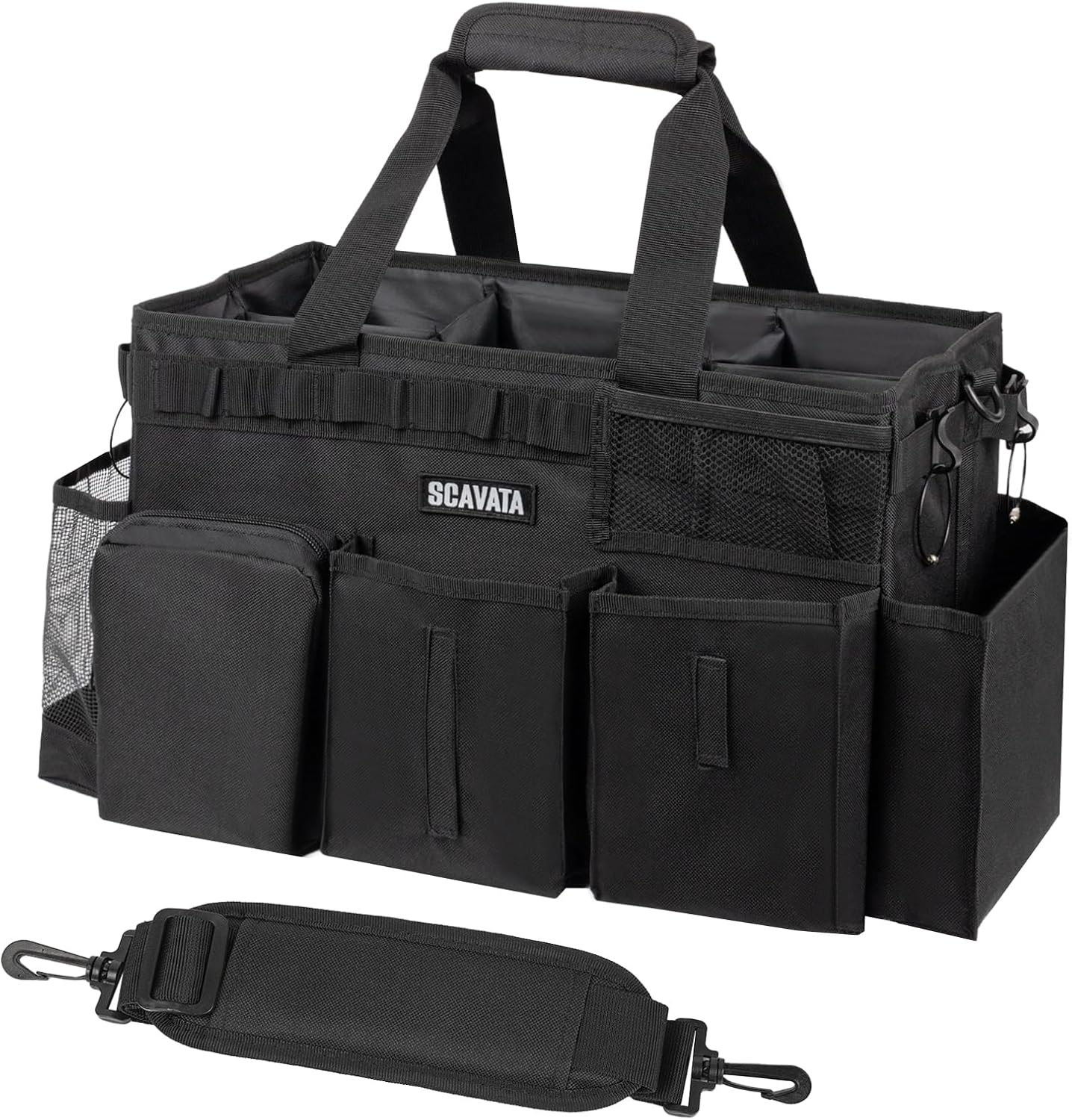 Wearable Cleaning Caddy Bag, Supplies Organizer with Handle & Shoulder Straps for Housekeepers, Under Sink & Car Cleaning Tool Organizer with 4 Foldable Dividers (Black)