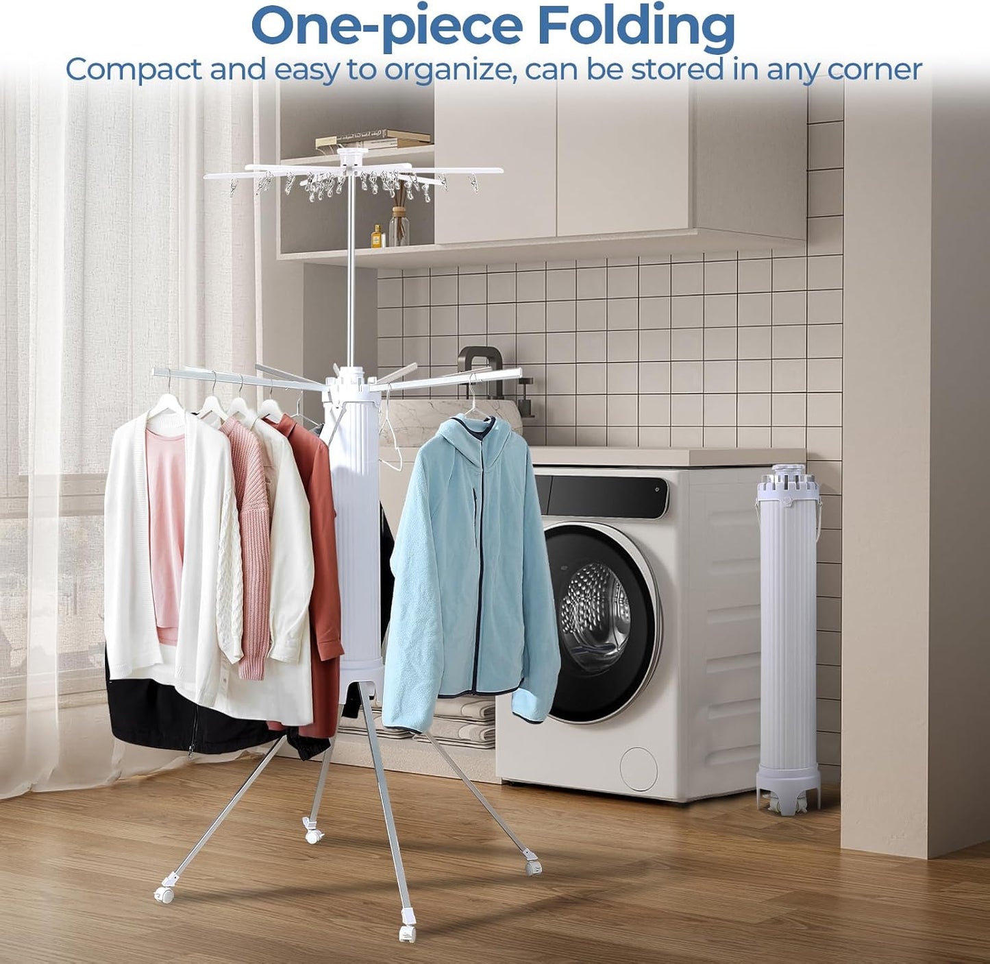 GCCSJ 4-Legged Foldable and Portable Clothes Drying Rack,Collapsible Octopus Drying Rack with Wheels and Aluminum Rods,360°Rotatable Design for Indoor Outdoor Use,2 Tier