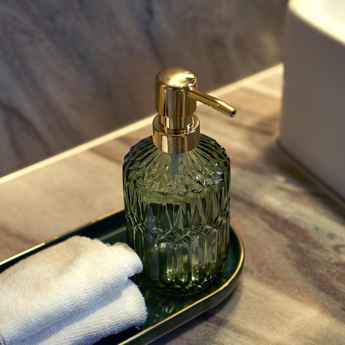 Glass Soap Dispenser Green Bottle Gold Plastic Pump Refillable Kitchen Sink Countertop Hand Dish Dispensers