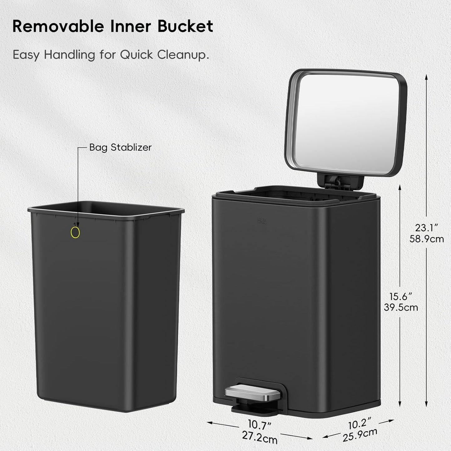 EKO Madison Matte Black 12L / 3.2 Gal Bathroom Trash Can with Lid and Removable Inner Basket, Rectangular Small Step Trash Can