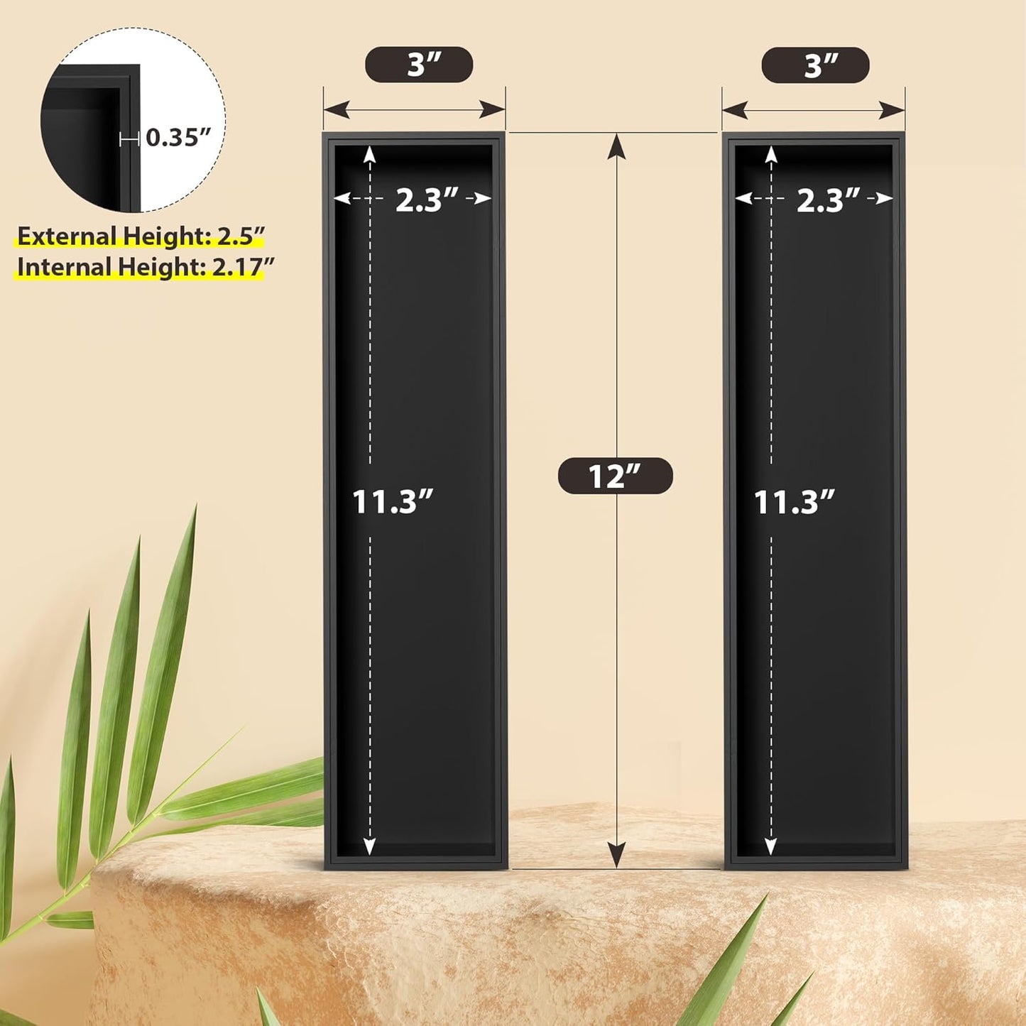 Kitchen Drawer Organizer Bins, Black Bamboo Drawer Organizer Stackable for Silverware, Utensils, Cutlery, Flatware, for Junk Drawer, Dresser, Bathroom, 12" x 3" x 2.5" (Set of 2)