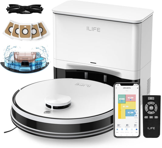 ILIFE A30 Pro Robot Vacuum and Mop, Self Emptying Station for 60 Days, 5000Pa Suction, LiDAR Navigation, No-Go Zones, 2.4G WiFi/App/Alexa/Remote Control, Roller Brush for Carpet, Hard Floors, 110V