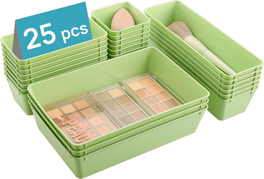 Vtopmart 25 PCS Plastic Drawer Organizers Set, 4-Size Versatile Bathroom and Vanity Drawer Organizer Trays, Storage Bins for Makeup, Bedroom, Kitchen Gadgets Utensils and Office