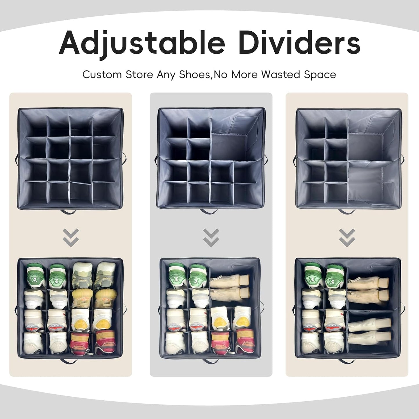 Shoe Organizer Box 2 Pack, Shoe Storage Organizer with Clear Cover, Adjustable Dividers Fits 16-32 Pairs, Fabric Shoe Organizer for Closet, Grey