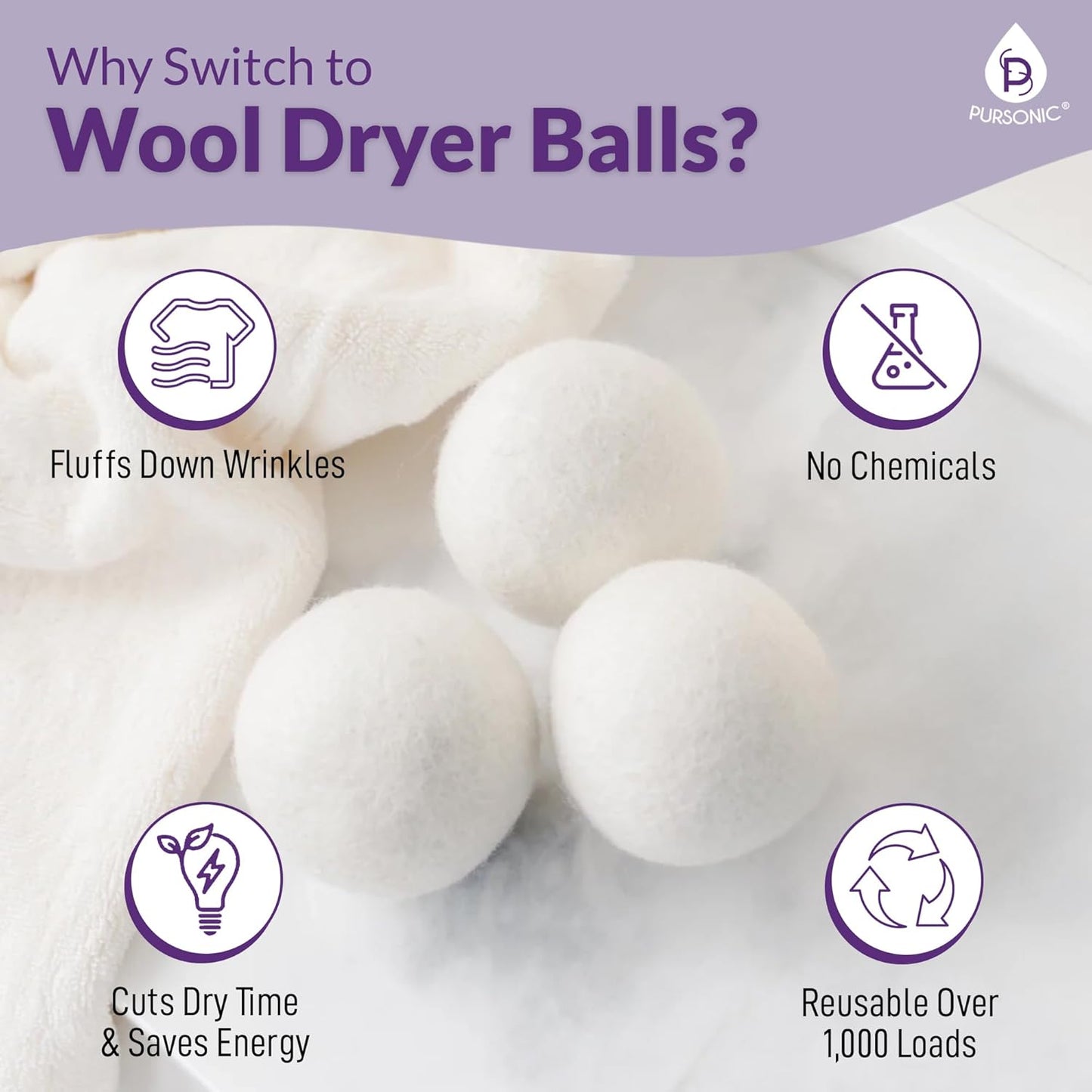 Pursonic 4-Pack Laundry Wool Dryer Balls with Lavender & Peppermint Essential Oil Scent - Reusable Fabric Softener Balls Made from Pure New Zealand Wool - 2.75" Diameter