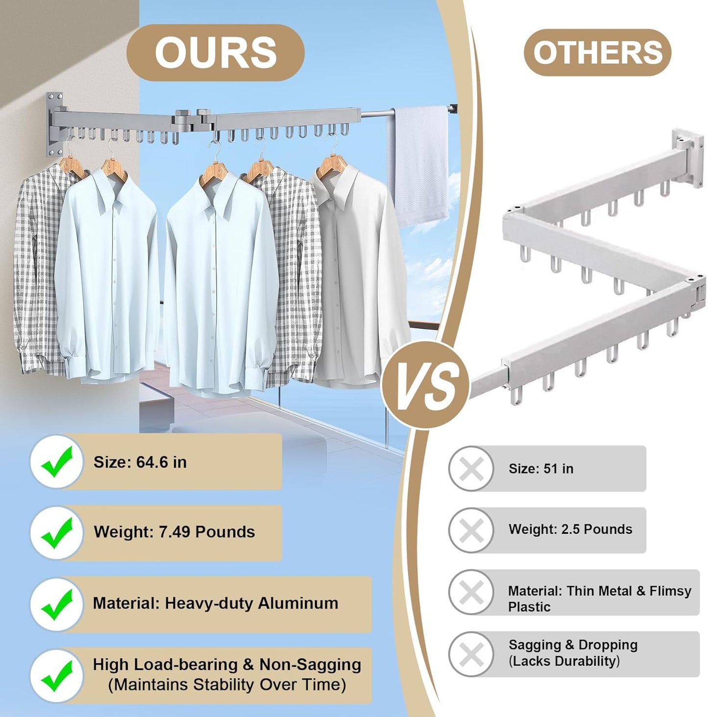 Bakala Clothes Drying Rack, Laundry Drying Rack Foldable, Heavy-Duty Space Saving Hangers, Wall Mounted Clothing Racks for Laundry Room Organization, Folding, Retractable 64" Clothes Dryer (Silver)