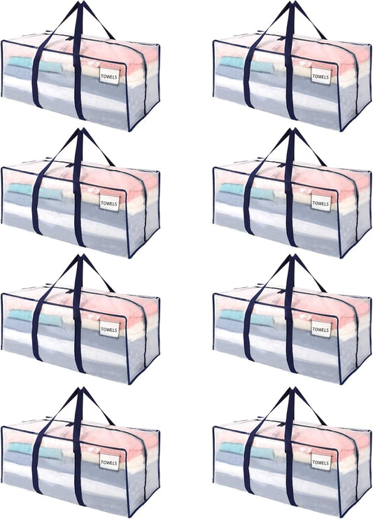 VENO 8 Pack Moving Bags Plastic Storage Totes Clothes Organization Large W Lid/Zipper. Packing Boxes/Bins Alternative. Space Saving Foldable College Supplies Essentials (Clear, 8 Pack)