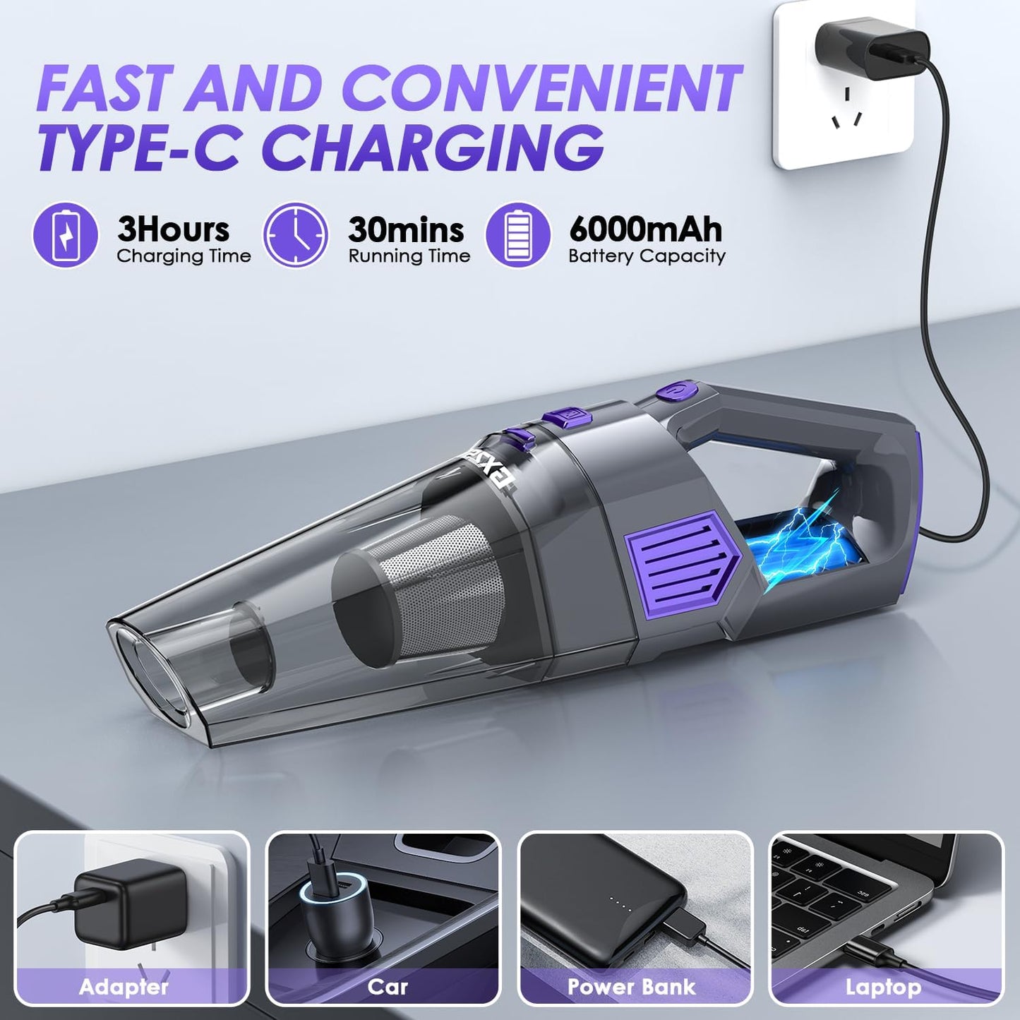 Handheld Vacuum Cordless, 15000PA Strong Suction Hand Held Car Vacuum Cleaner Rechargeable, Portable Hand Vacuum with Multi-Nozzles & Washable Filter for Home Office, Car, Pets