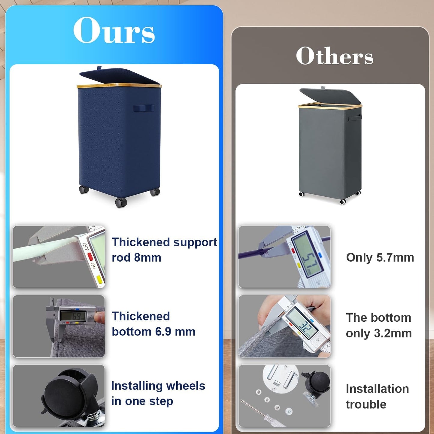 Laundry Hamper with Wheels,29 Gal (110L) Laundry Basket with lid Rolling Clothes Hamper Foldable Dirty Clothes Basket on wheels with Bamboo Frame and Bag for Bedroom, Dorm, Laundry Room-Blue