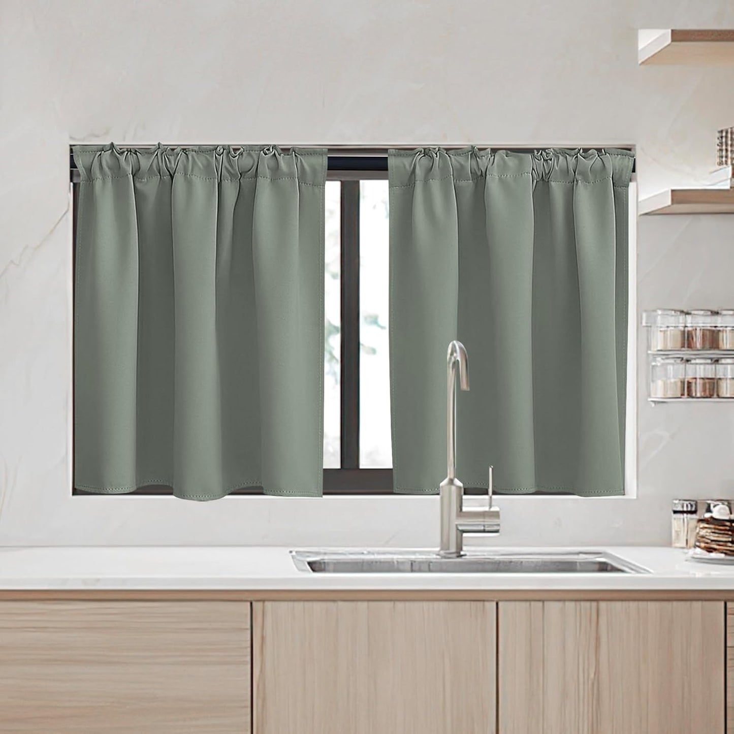 RYB HOME Small Window Curtains, Blackout Privacy Curtains for Kids Bedroom Kitchen Bathroom Basement Classroom Cafe Cabinet Tiers Drapes, 34 Width x 30 Length, 2 Panels, Sage Green