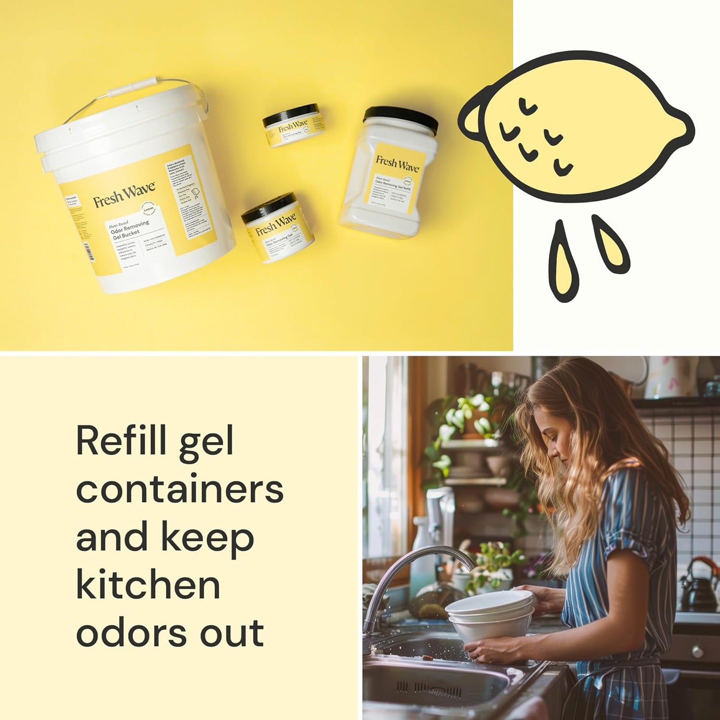 Fresh Wave Odor Removing Gel Bucket, 15.5 lb. (248 oz.) | Lemon Scent Refill | Odor Absorbers for Home | Safer Odor Relief | Natural Plant-Based Odor Eliminator | For Cooking, Trash & Pets