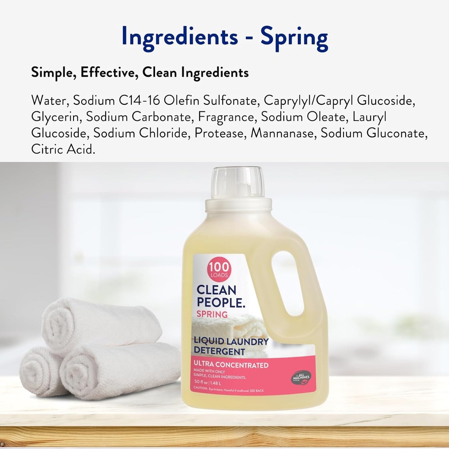 The Clean People Liquid Laundry Detergent - Recyclable Packaging, Stain Fighting - Ultra Concentrated, Laundry Soap - Spring Scent, 50 fl oz