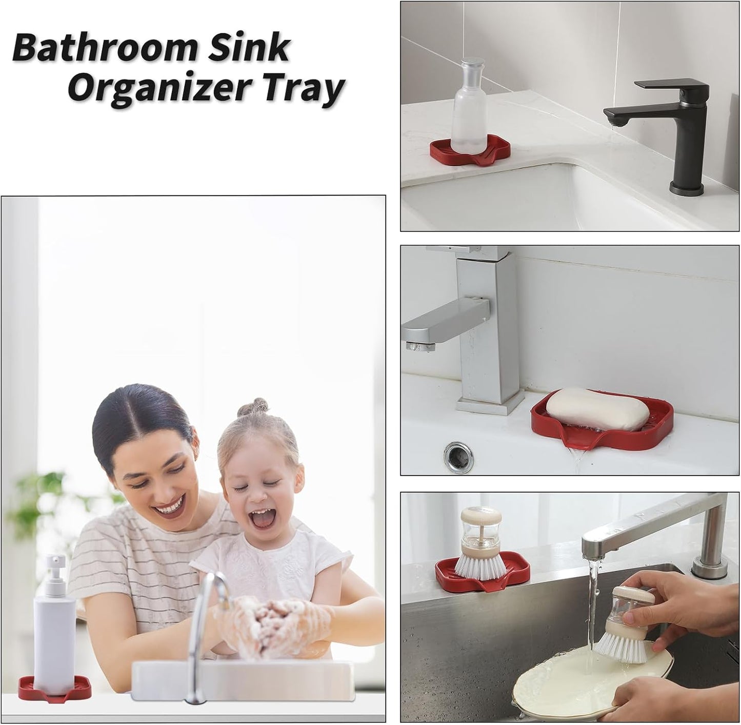 Silicone Bathroom Soap Dishes with Drain Spout-Bathroom and Kitchen Sink Organizer,Sponge Holder,Dish Soap Tray,Perfect for Dispenser,Scrubber,Bottle,Cup on Sink or Counter-Red 4.9"×3.2"