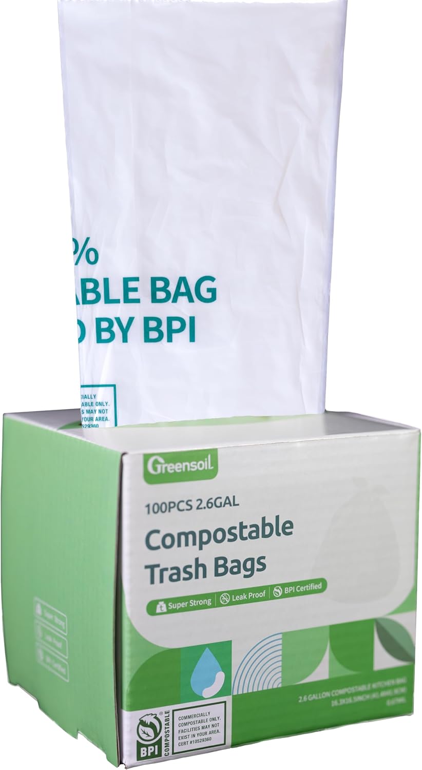 Greensoil 100% Compostable Waste Bags 2.6 Gallon, Extra Thick Kitchen Small Compost Bags for Countertop Bin, Bathroom or Office Waste, ASTM D6400 BPI Certified Compostable & Leak Proof, 100 Pack