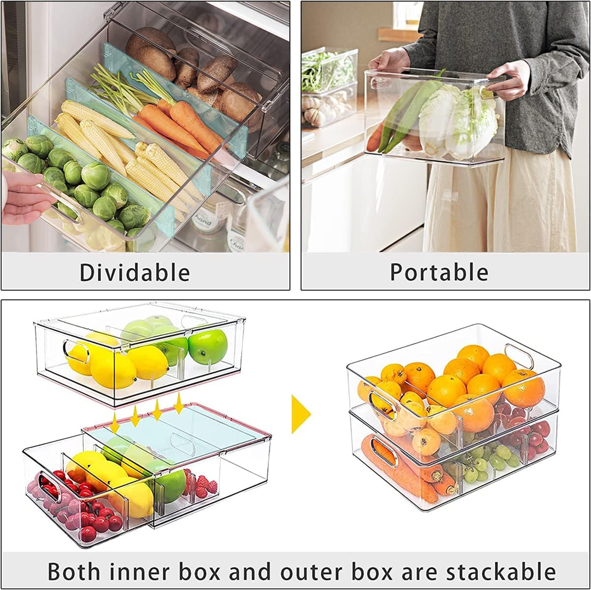 MineSign 4 pack Stackable Fridge Drawers Pull-Out Bins Divided Produce Saver Containers for Refrigerator Storage Organizers for Veggie Fruit Berry Pantry Cabinet Makeup Clothes