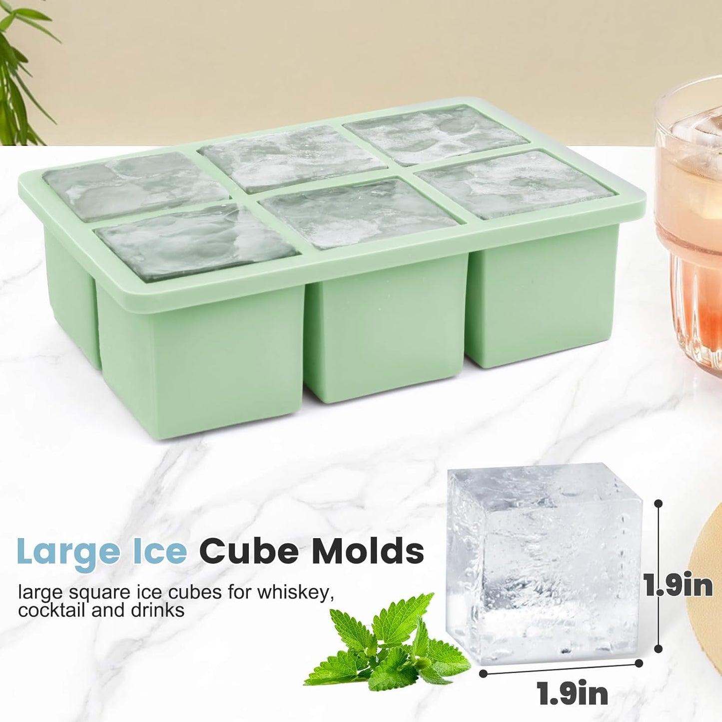 Large Silicone Ice Cube Tray 3Pack, SAWNZC Big Square Ice Cube Molds for Whisky Cocktail, Ice Maker Tray with Lid for Freezer, Easy Release (3, Mint Green)
