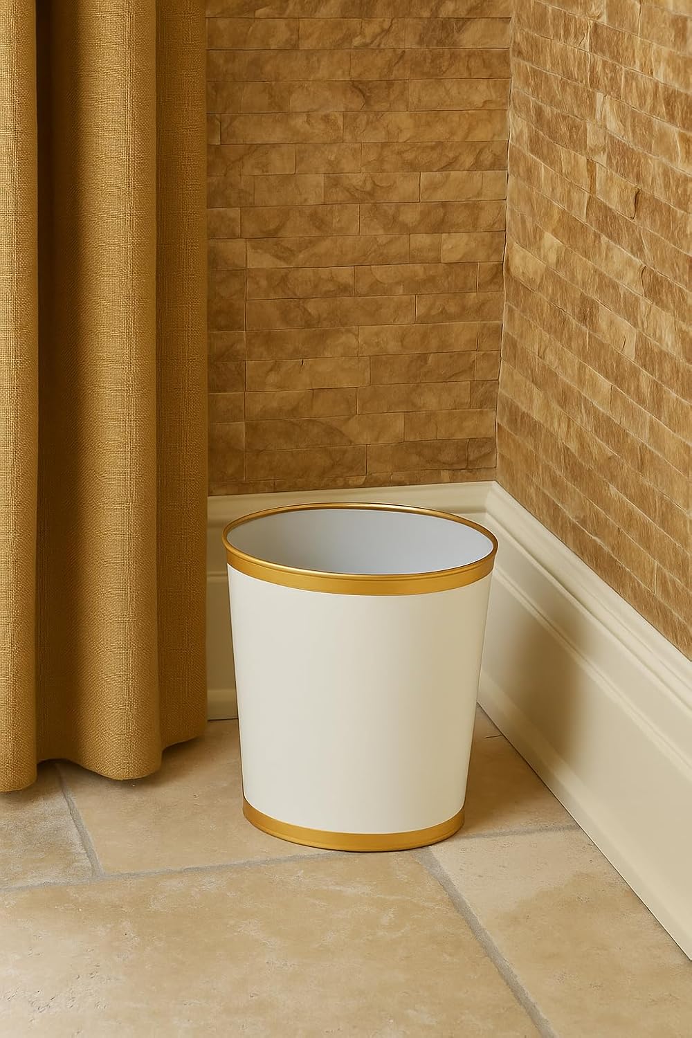 Jaye's Studio Mattie Decorative White and Gold Bathroom Trash Can, Metal Waste Basket Modern, Luxury Trash Bin for Bedroom, Dorm Room, Office Garbage Can, Oval Decorative Trash Bins (12" x 10" x 8")