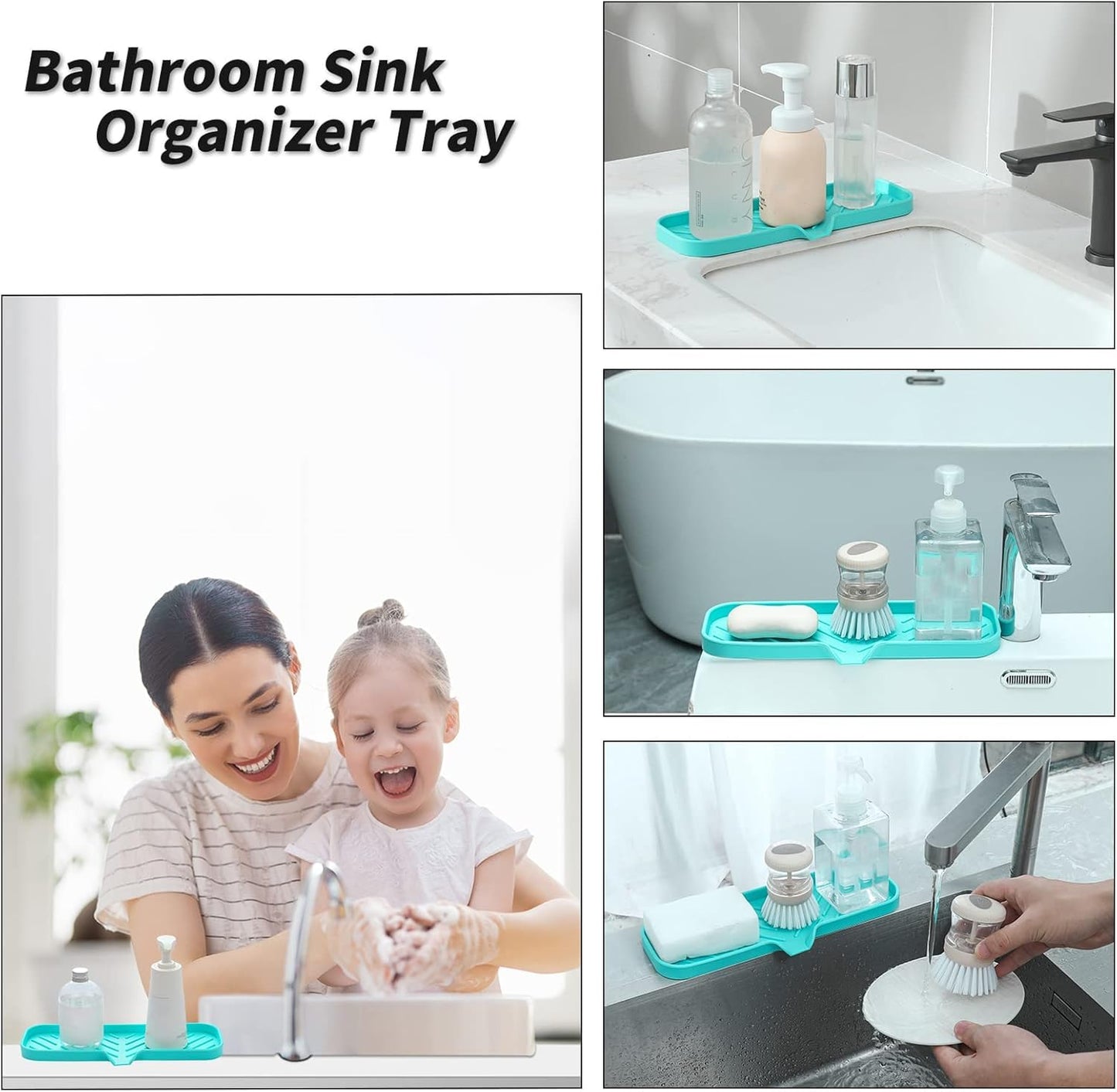 Silicone Bathroom Soap Dishes with Drain Spout-Bathroom and Kitchen Sink Organizer,Sponge Holder,Dish Soap Tray,Perfect for Dispenser,Scrubber,Bottle,Cup on Sink or Counter-Mint 12"×4"