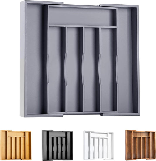 Kitchen Silverware Drawer Organizer and Storage Bamboo Wood Cooking Utensil Holder Cutlery Knife Jewelry Spice Rack Spoon Fork Multi Cabinet Organization Bathroom Counter Expandable Adjustable Tray