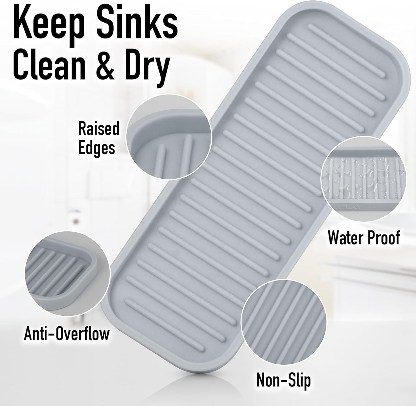 Zulay Kitchen (9x3.5) Silicone Sponge Holder for Kitchen Sink - Flexible Multipurpose Soap Tray - Sink Organizer for Kitchen, Bathroom, Makeup, Trinkets & More (Gray)