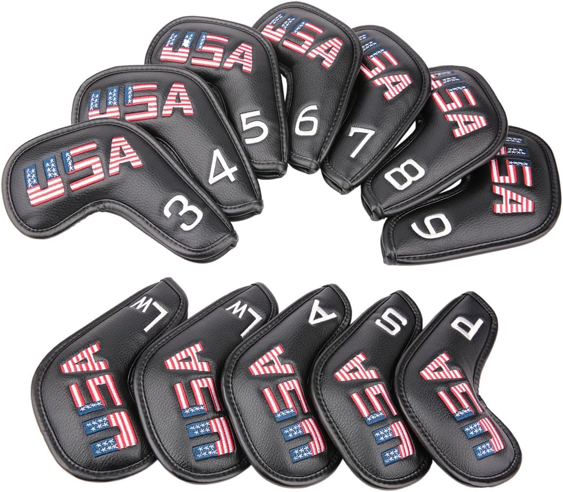 Golf Builder Black Leather USA Golf Club Iron Wedge Head Covers Fit All Brands
