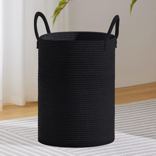 VIPOSCO Large Laundry Hamper, Tall Woven Rope Storage Basket for Blanket, Toys, Dirty Clothes in Living Room, Bathroom, Bedroom - 72L Black