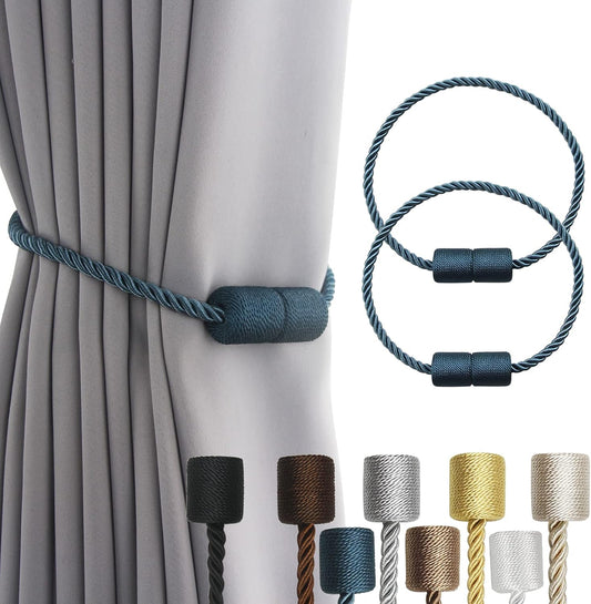 2 Pack Strong Magnetic Curtain Tiebacks Outdoor Elegant Decorative Tie Backs Modern Rope Tiebacks for Drapes Window Curtain Holdbacks for Draperies- Blue