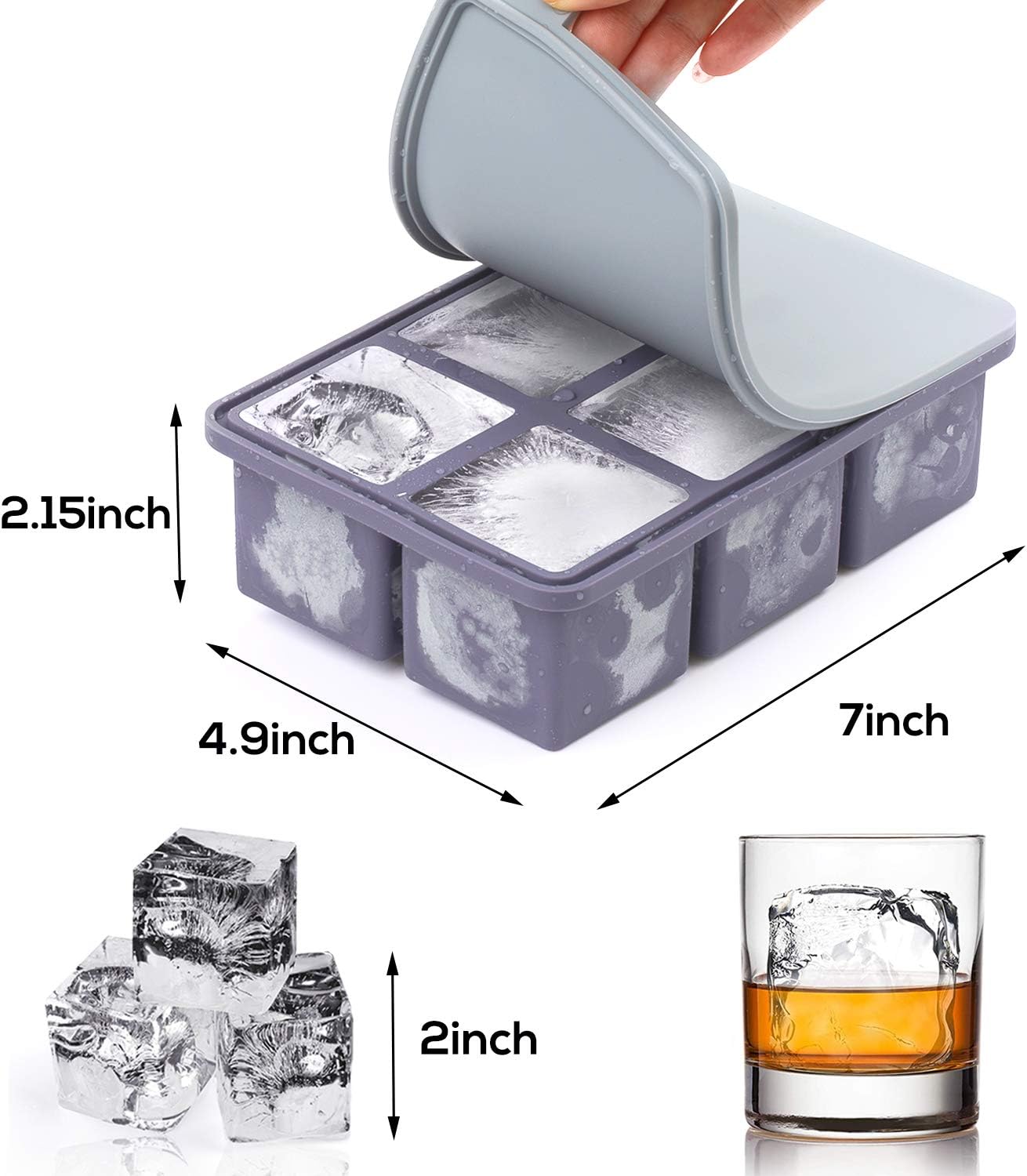 Mossime Large Ice Cube Molds: Square Whiskey Silicone Ice Cube Trays With Lid - 2pack Old Fashioned Big Silicone Ice Cube Tray for Cocktail - 2inch Easy Release Ice Cube Maker For Freezer