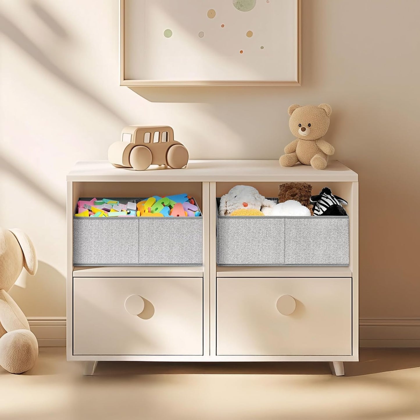 DIMJ Storage Baskets for Shelves 8 Packs - Large Trapezoid Closet Organizer Bins with Handles and Divider, Foldable Clothes Containers Box for Shelf, Towel, Book, Toy, Purse, Grey