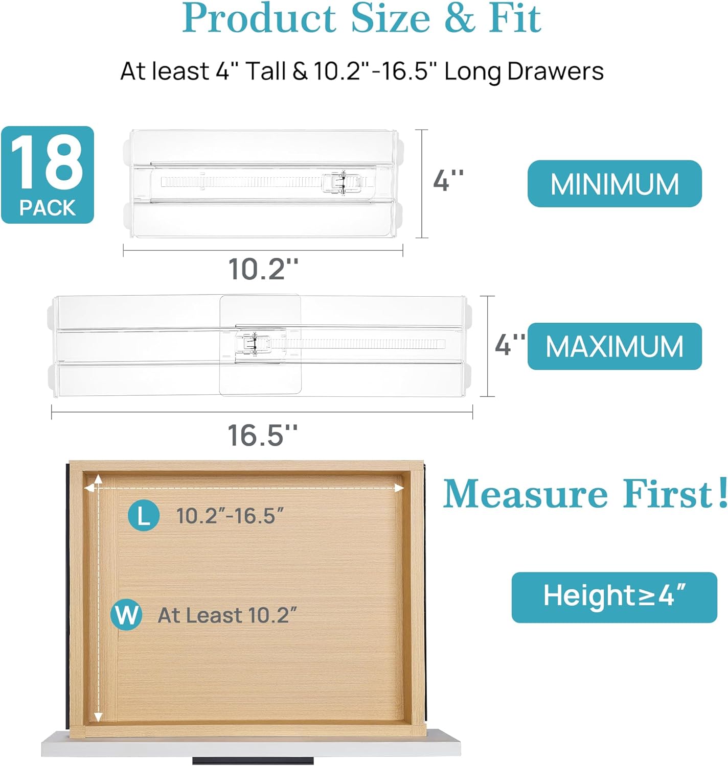Vtopmart 18 Pack Drawer Dividers for Clothes, 4" High 10.2"-16.6" Adjustable Expandable Dresser Drawer Organizer, Clear Plastic Separators for Dresser, Baby Clothing, Underwear, Cosmetic, Toiletries