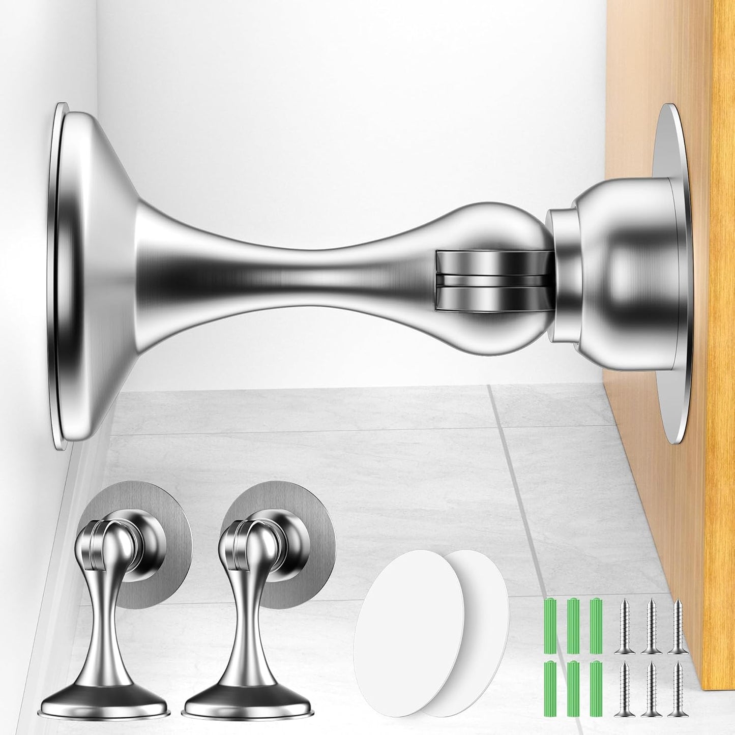 Crosize Magnetic Door Stoppers 2 Pack, Stainless Steel Door Catch for Wall and Floor Mounting, Door Holder Keep Door Open, No Drilling Door Stop with Adhesive Tapes, Silver