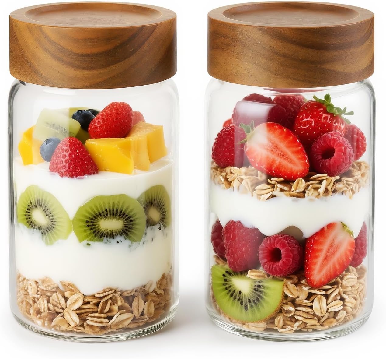 2-Piece 10 oz Food-Grade Glass Mason Jars with Sturdy Acacia Wood Lids, Sealable Waterproof, Transparent Easily Stackable for Overnight Oats, Spice Storage & Snack Organizing