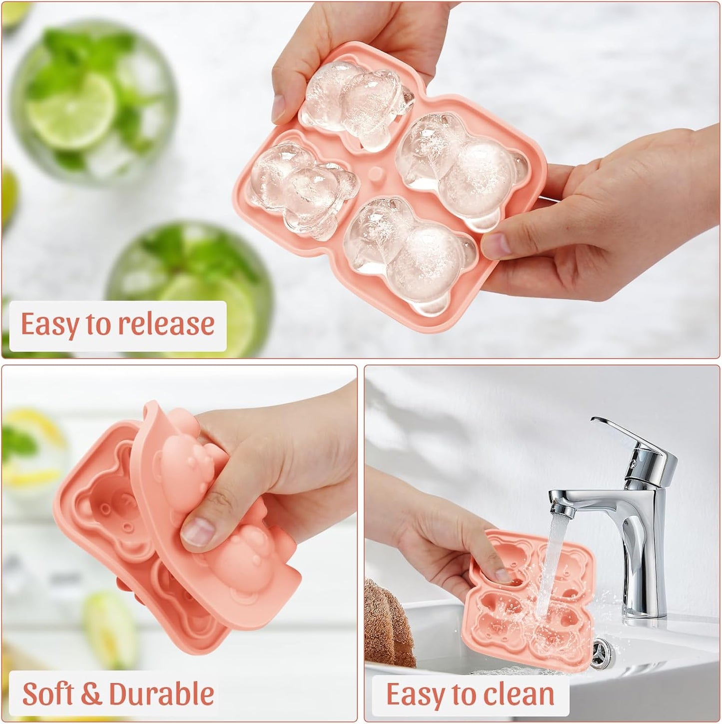 Silicone Ice Cube Tray,Bear 3D Large Ice Cube Molds for Whiskey,Cocktails,Wine,Juice and Bourbon,4 Big Cute Animal Ice Trays for Freezer with Lid Easy-Release BPA Free(Bear)