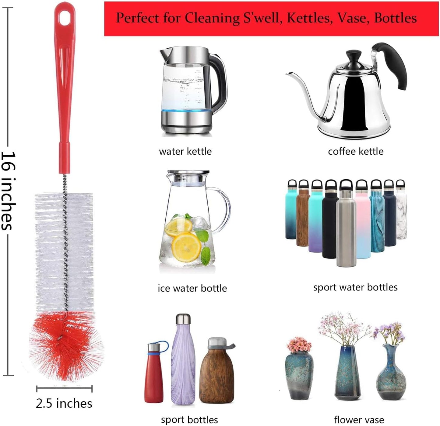 ALINK 5-Pack Red Bottle Brush Cleaner Set - Long Large Cleaing Brush for Narrow Neck Wine/Beer Bottles/ Flask/ Thermos/ Hummingbird Feeder/ Sport Well, Spout/Lid Brush, Straw Brush