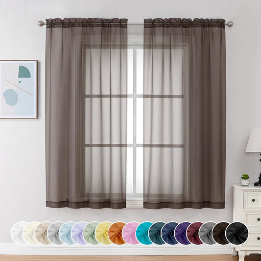Chyhomenyc Chocolate Brown Sheer Curtains 54 Inch Long 2 Panels, Light Filtering Rod Pocket Voile Short Curtains Drapes for Living Room Bedroom Small Windows, 42Wx45L Inches