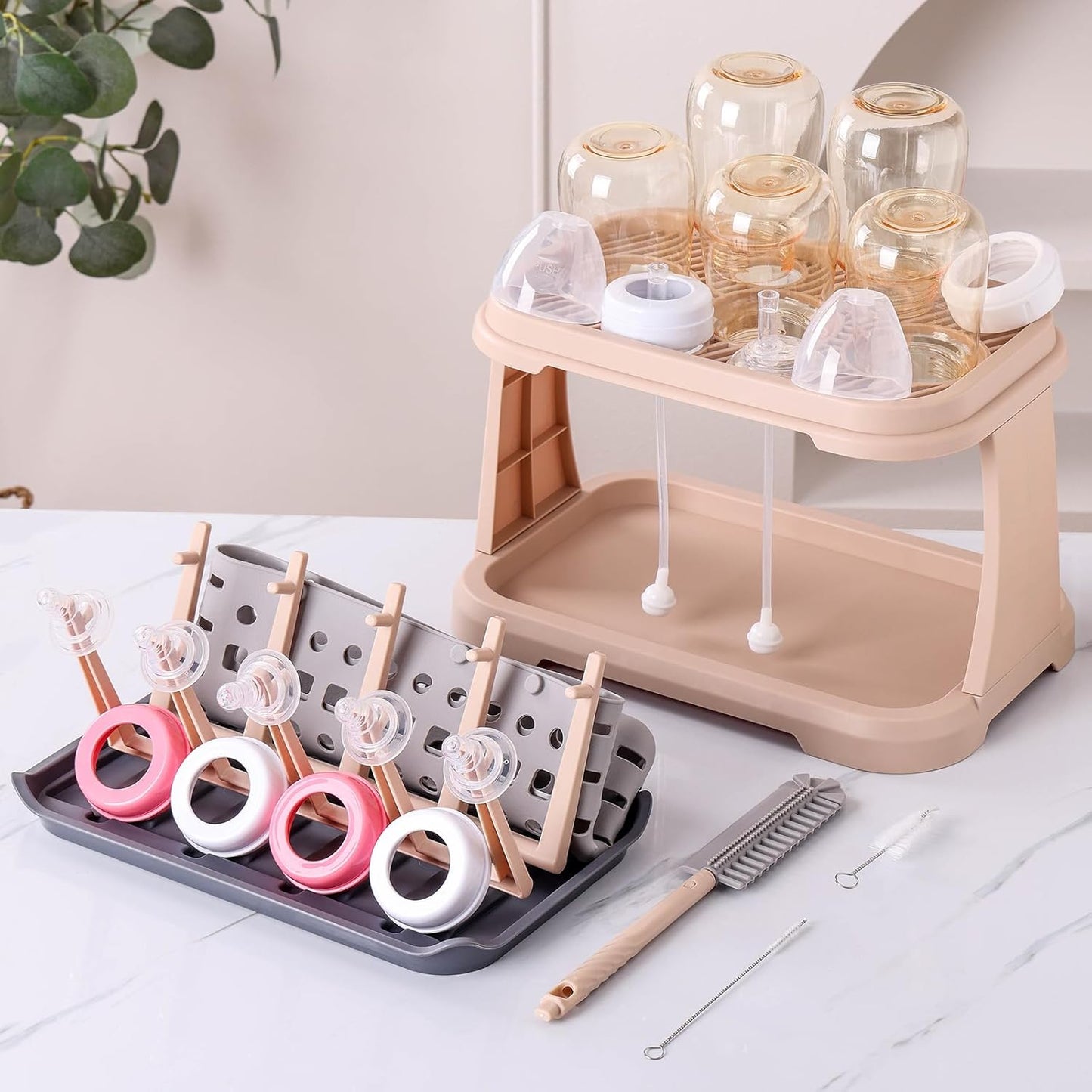 Baby Bottle Drying Rack:Space Saving Standing Drying Rack for Baby Bottles and Pump Part Cleaning,be Equipped with Bottle Brush（Pink Lotus Root）