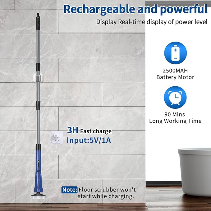 Electric Spin Scrubber, Hillyfe Bath Scrubber for Cleaning with 7 Replaceable Brush Heads, IPX7 Waterproof,300/400 RPM, 3 Adjustable Size,Cordless Shower Cleaner Brush for Bathroom Floor,Blue