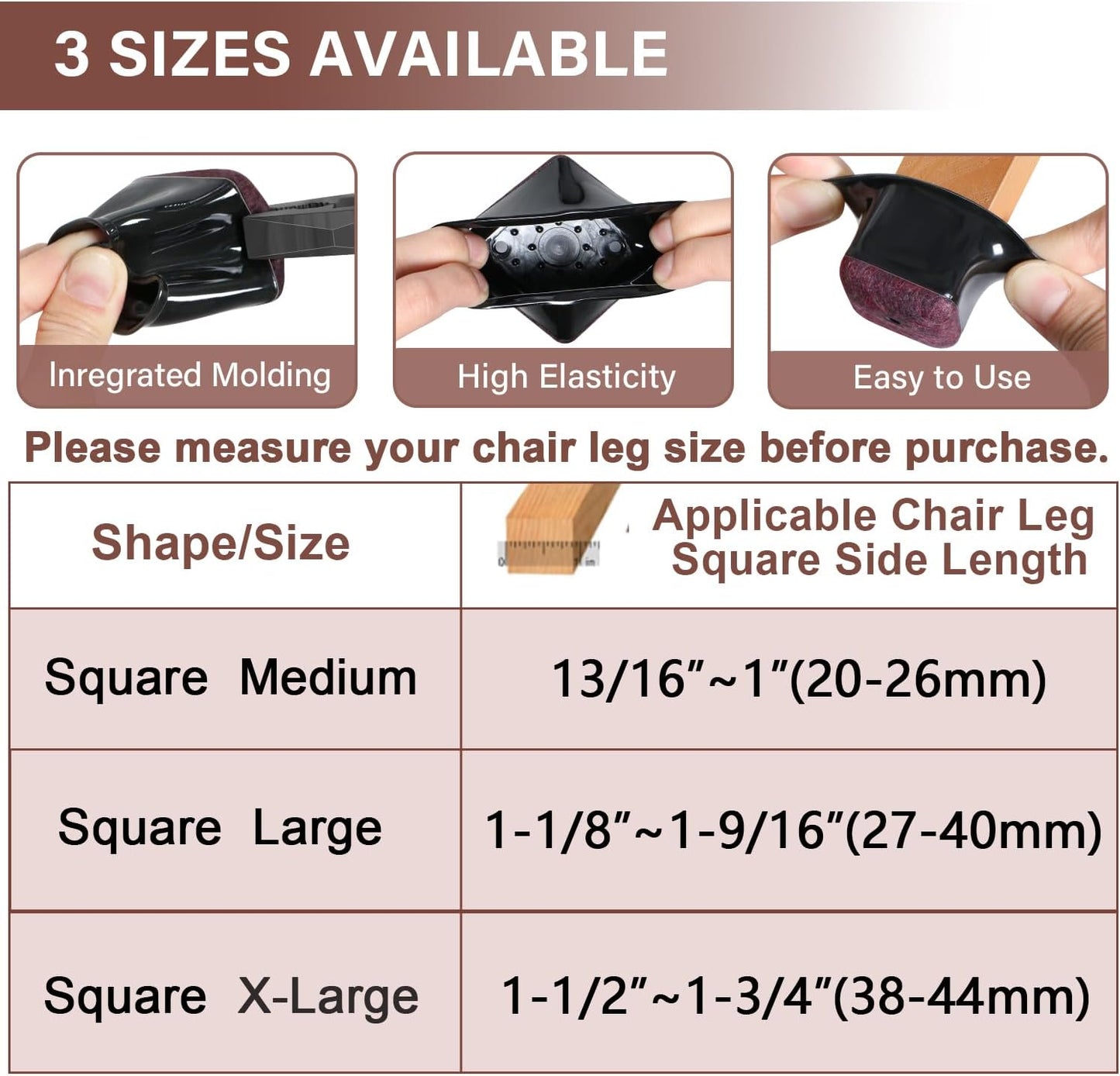 Chair Leg Floor Protectors Square Chair Leg Protectors for Hardwood Floors Silicone Caps Felt Strengthen Bottom Protection Anti-Scratch Reduce Noise 16 Pack Black Square M Fit:13/16" to 1" (20-26mm)