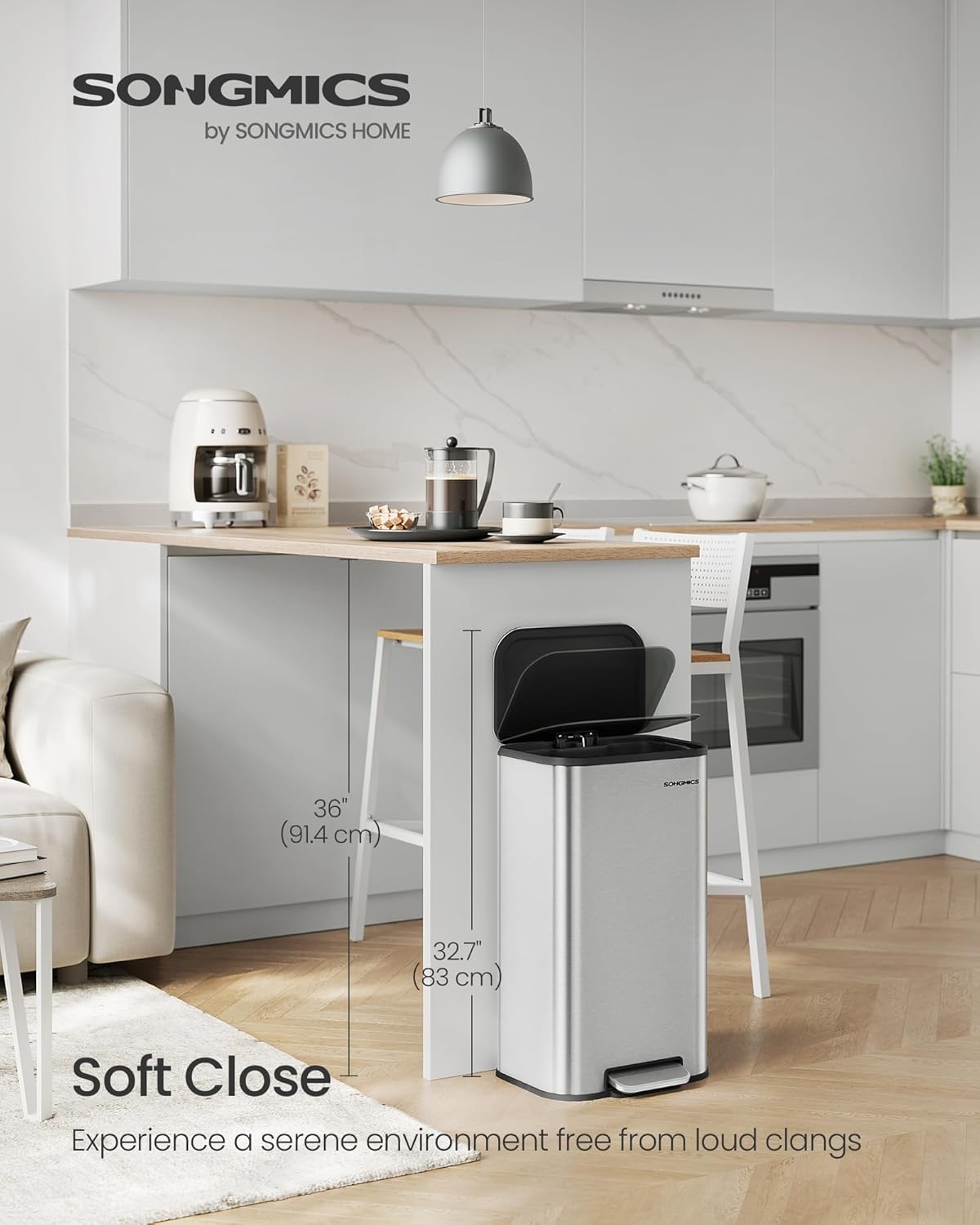 SONGMICS Kitchen Trash Can, 8-Gallon (30 L) Garbage Can with Lid, Stainless Steel, Soft Close and Stays Open, Inner Bucket, Wide Non-Slip Pedal, Metallic Silver ULTB546E01