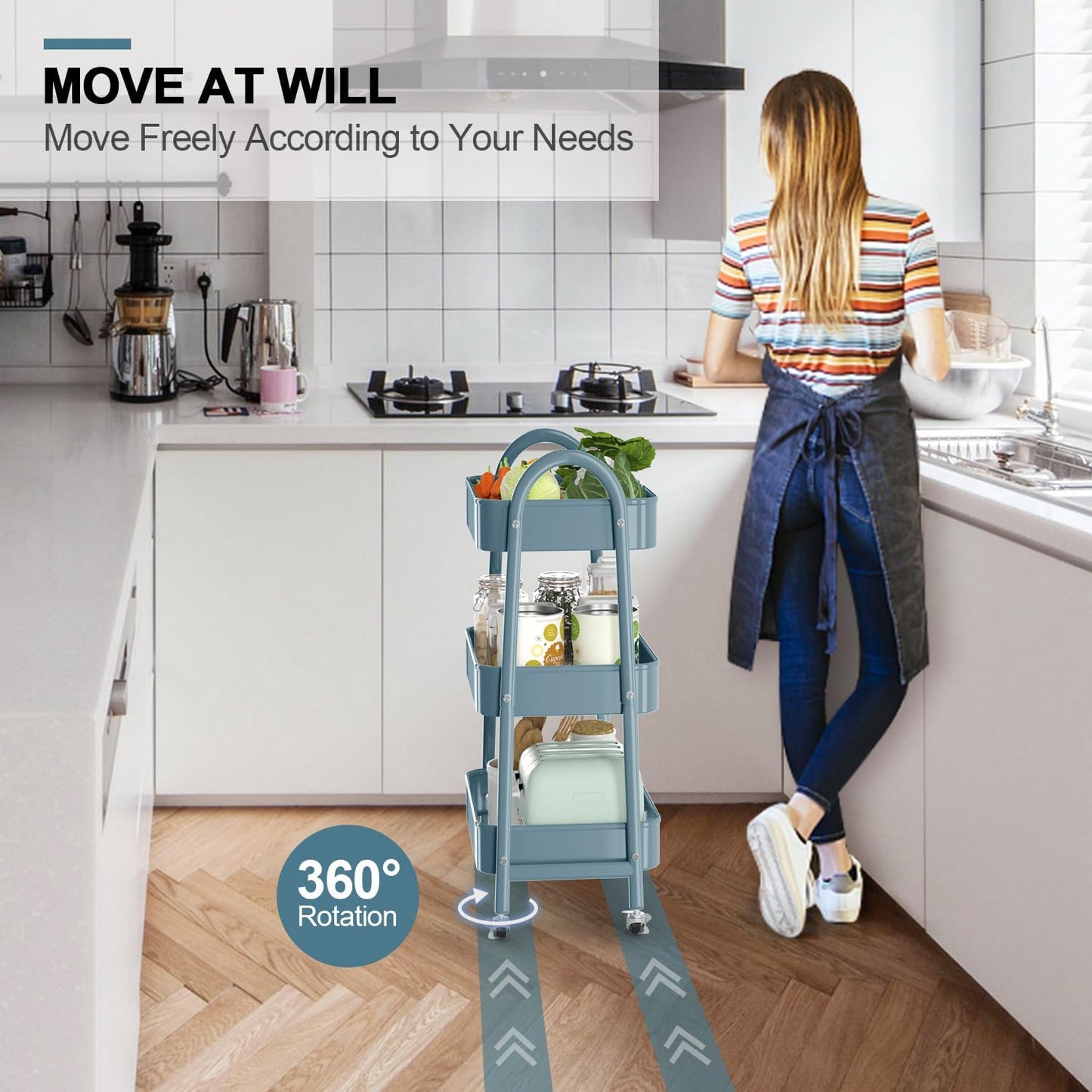 3 Tier Utility Rolling Cart, EAGMAK Metal Storage Cart with Handle and Lockable Wheels, Multifunctional Storage Organizer Trolley with Mesh Baskets for Kitchen, Living Room, Office, Garage (Blue)