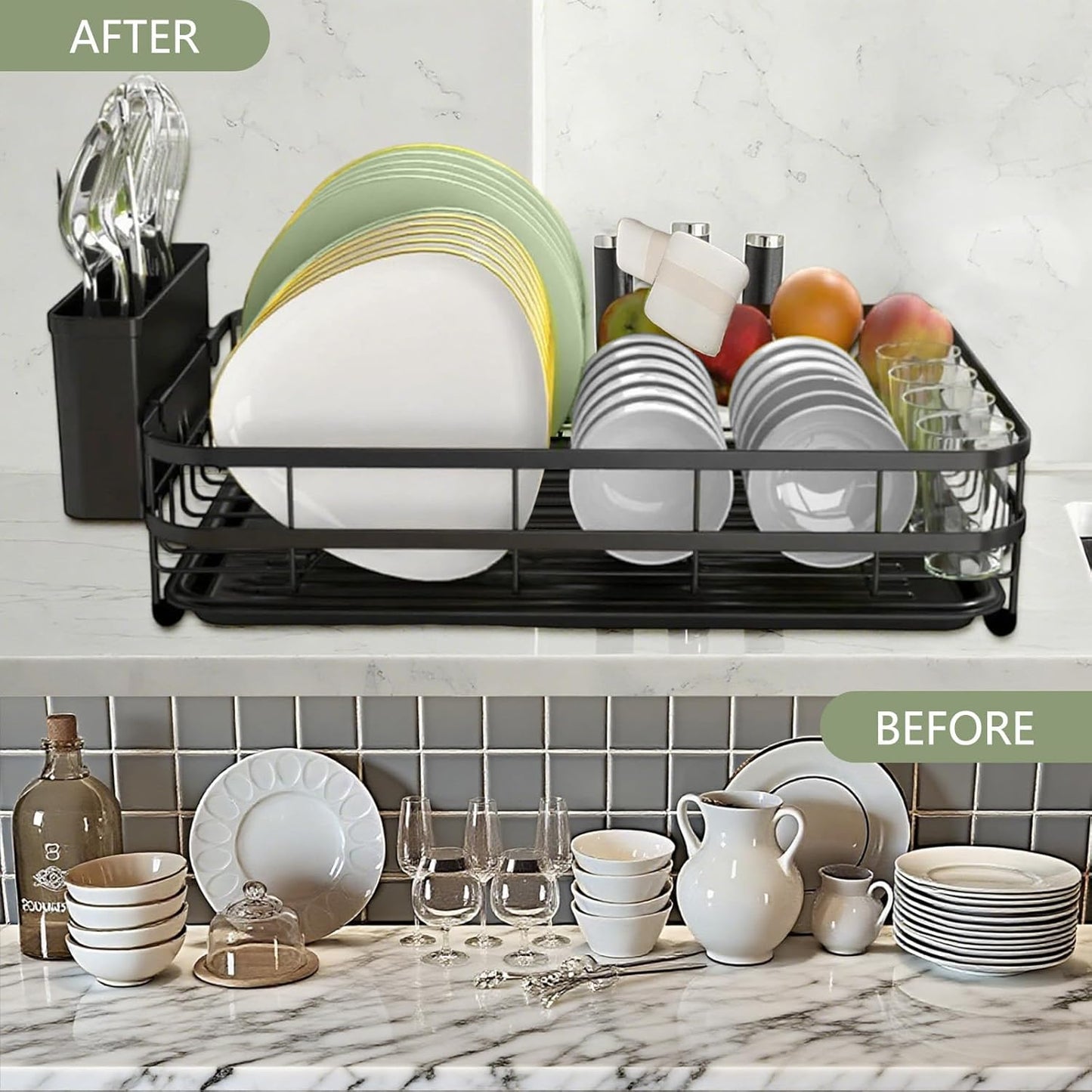 Dish Drying Rack Stainless Steel Drying Racks for Kitchen Counter Large Capacity Storage Racks with Drainboard Curlery Holder Black