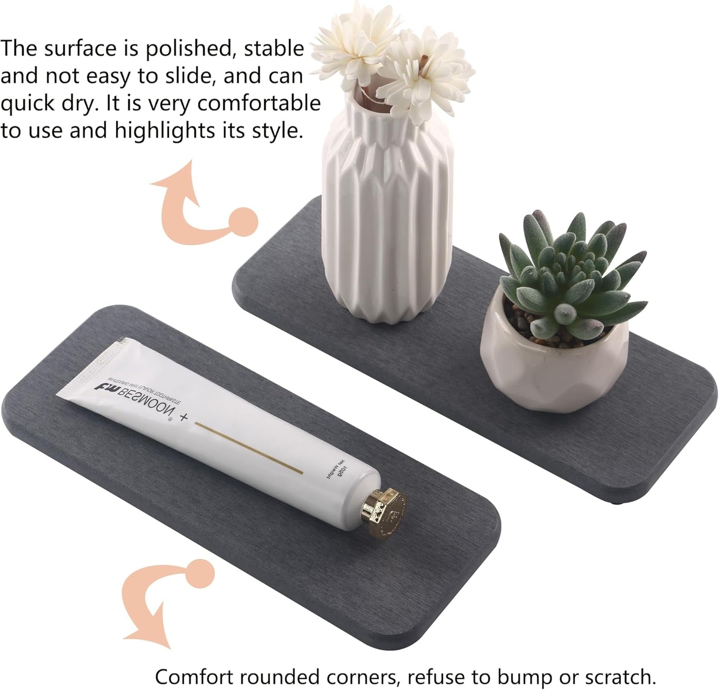 2 Pcs Water Absorbing Stone Trays, Kitchen/Bathroom Sink Soap Dish, Diatomite Tray Used for Hand Soap & Cosmetic Bottles in The Modern Home, 3.54" W x 9" L, Dark Gray